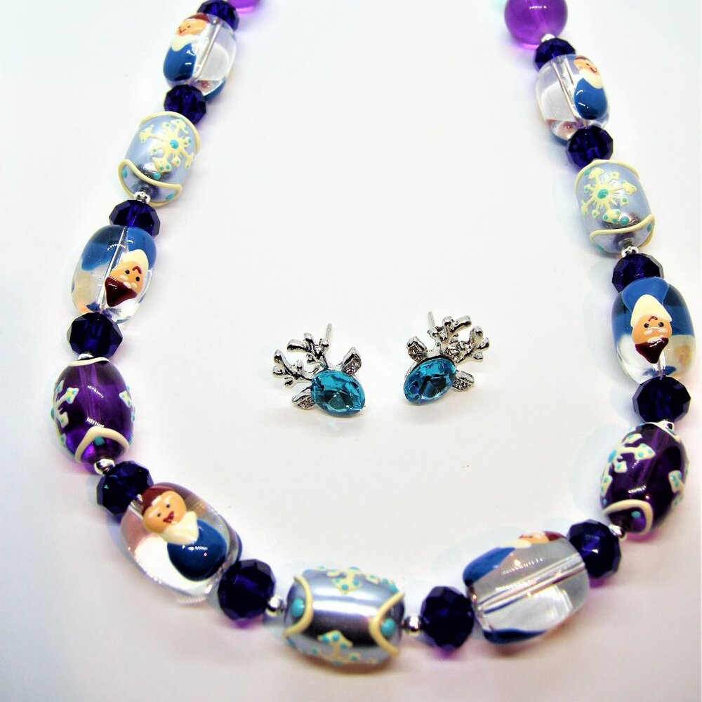 Gnomes purple and blue themed lampwork necklace, with deer stud earrings